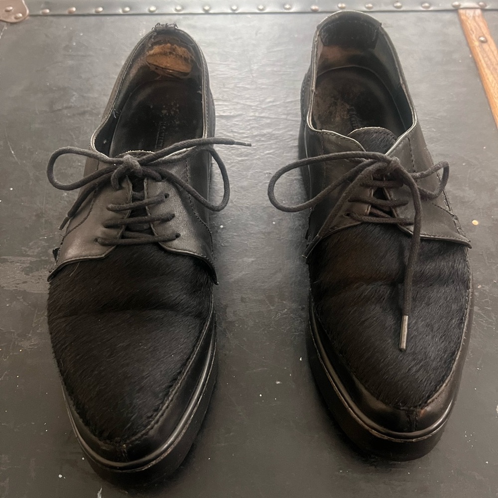 Rachel Comey Hair-On Leather Oxford Shoes – Black Pony Hair Derby – Size 6.5